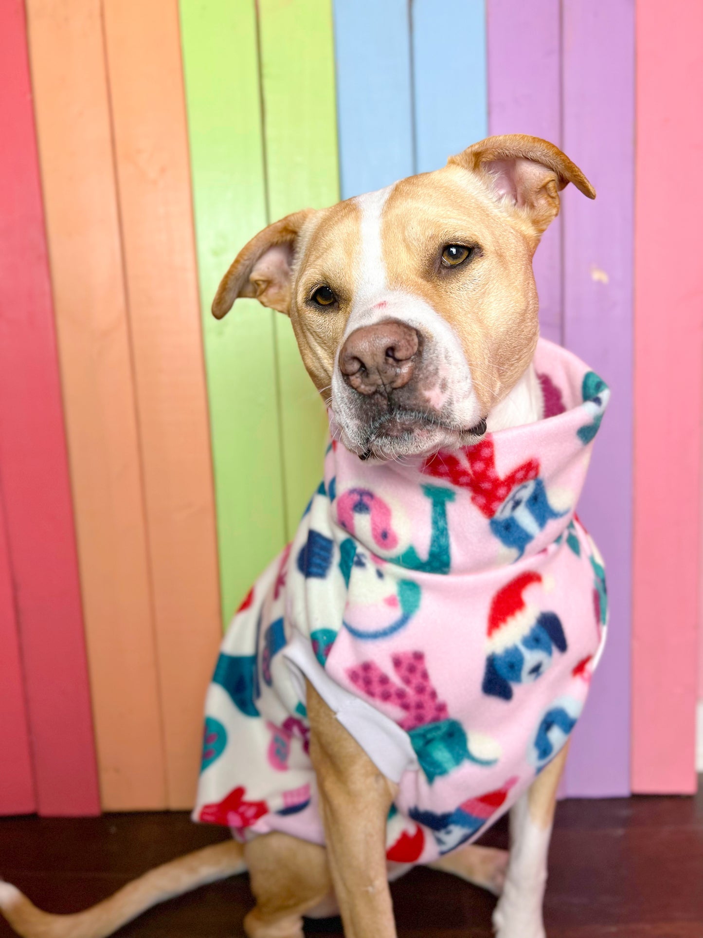 Candy cane lane mix and match print fleece sleeveless dog sweatshirt